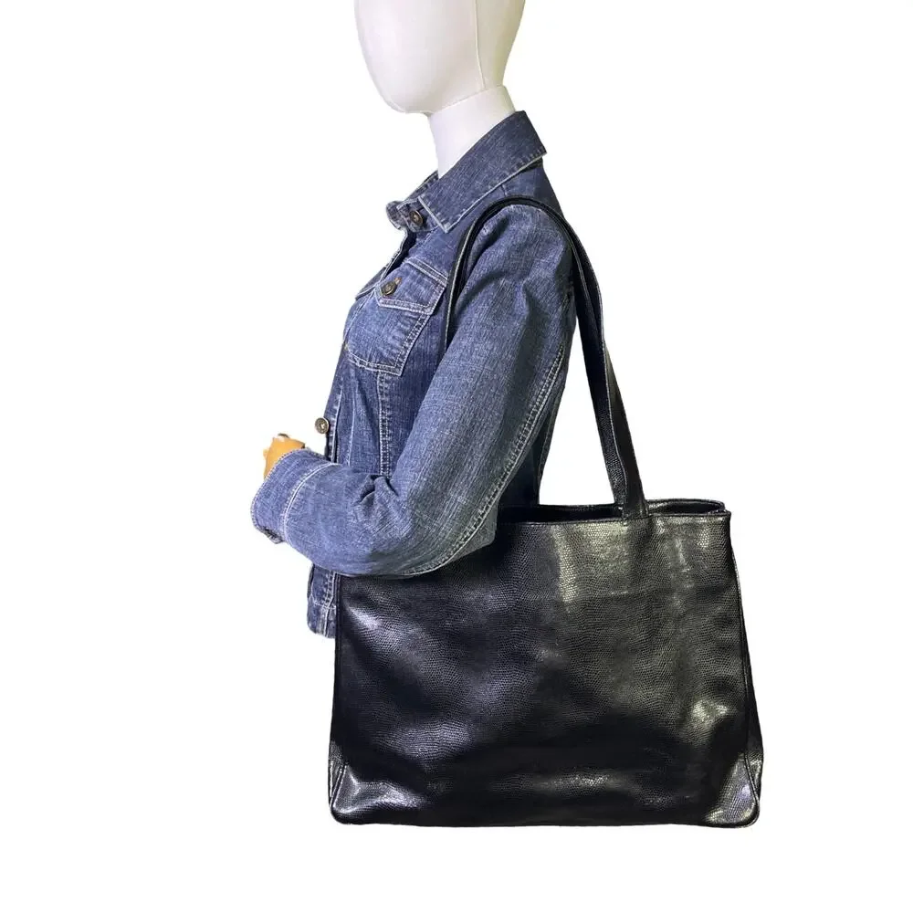 Vintage Saks Fifth Avenue Black Lizard Embossed Leather Shoulder Bag Made Italy
